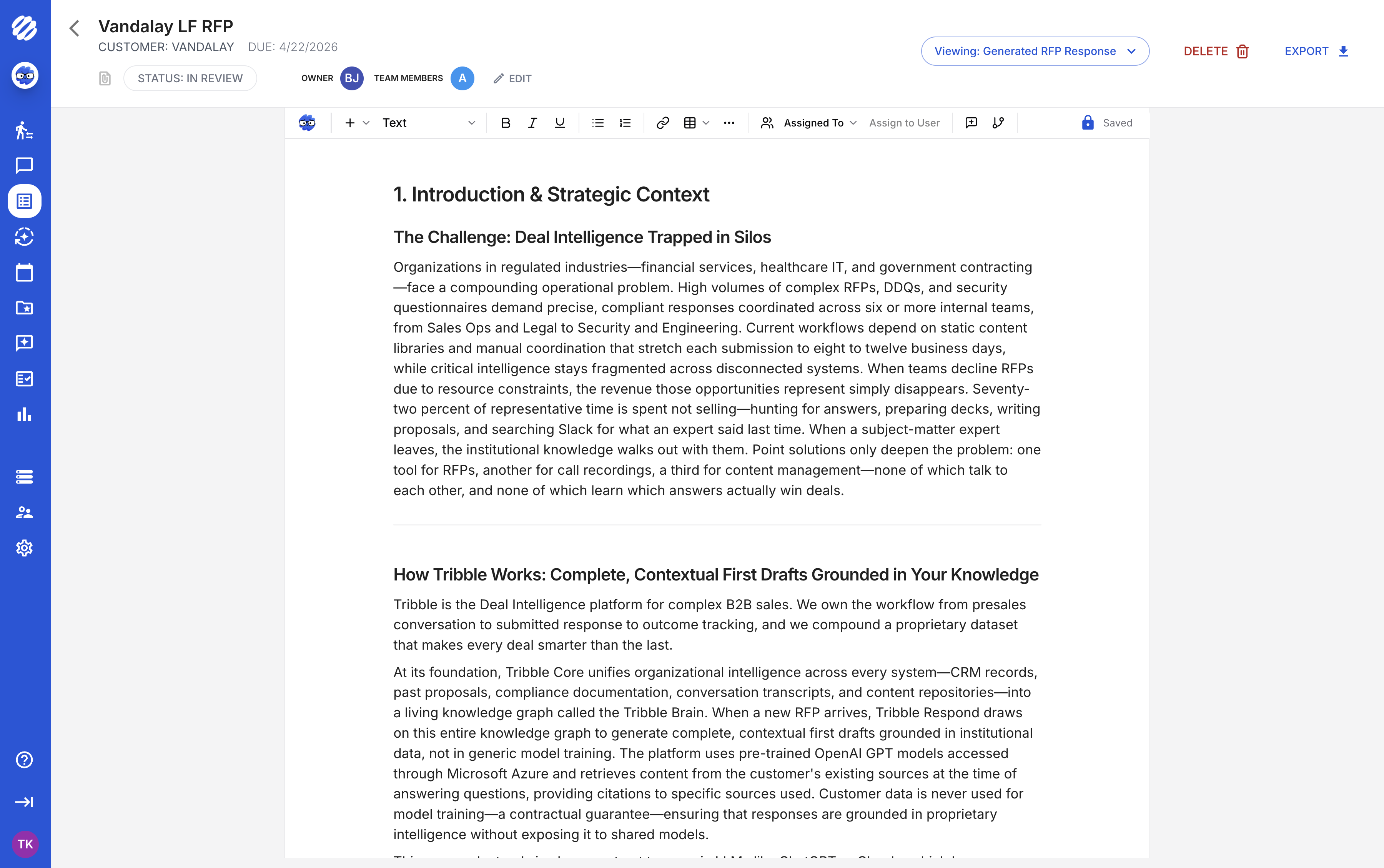 A drafted narrative section in the Tribble editor